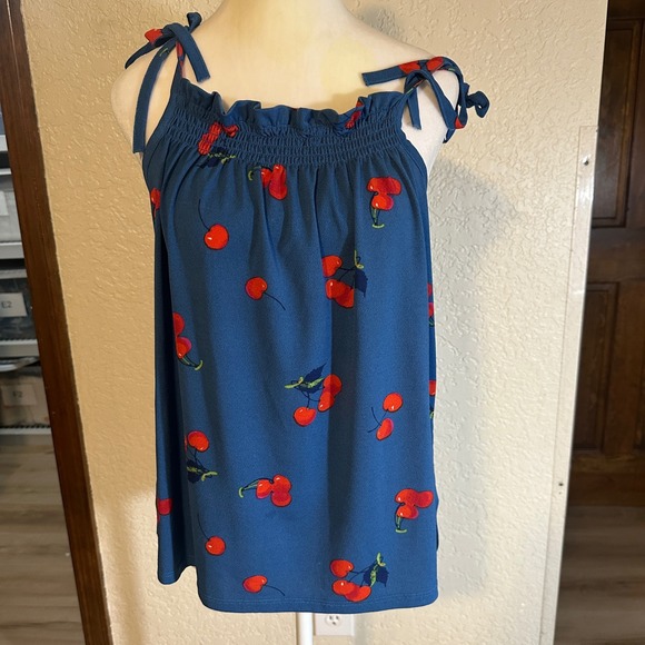 Modcloth Tank Top Womens Medium Blue Cherry Bomb Print Coquette 90 Kidcore Retro - Picture 11 of 14